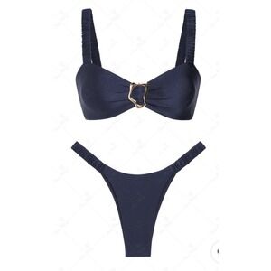 SEAMOLLY‎ DECORATIVE METAL RING ELASTIC STRAPS RUCHED HIGH LEG BIKINI SET BLUE S